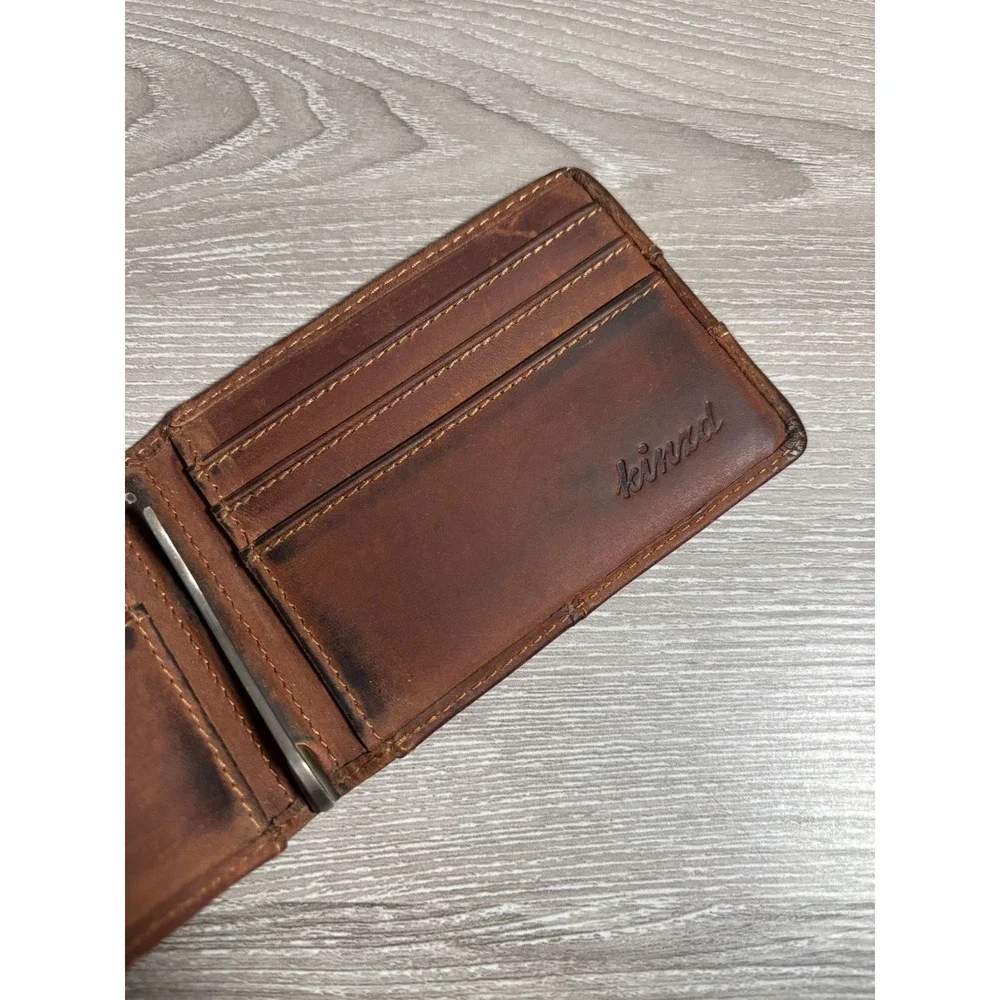 Kinzd Mens Brown Leather Bifold Money Clip Wallet with ID Window Minimalist